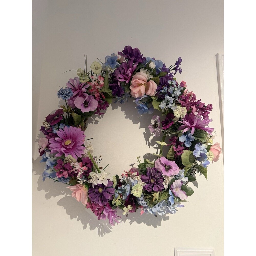 ✿ 18in Colorful Floral Wreath Purple Pink Blue Spring Summer Door Decor Gift Box